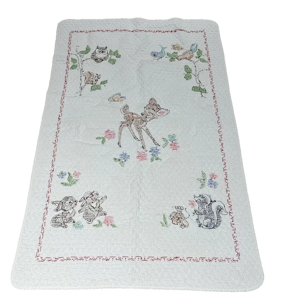 Vintage Bambi Cross Stitch Crib Quilt Handmade Thumper‎ Flower Baby 33 x 52 Inch